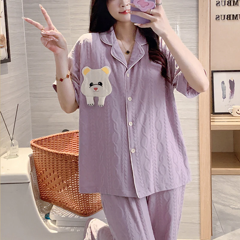 New Short Sleeve Sleepwear Women Matching Home Set Cotton Loose Sweet Cartoon Prints Leisure Thin Nightwear for Summer