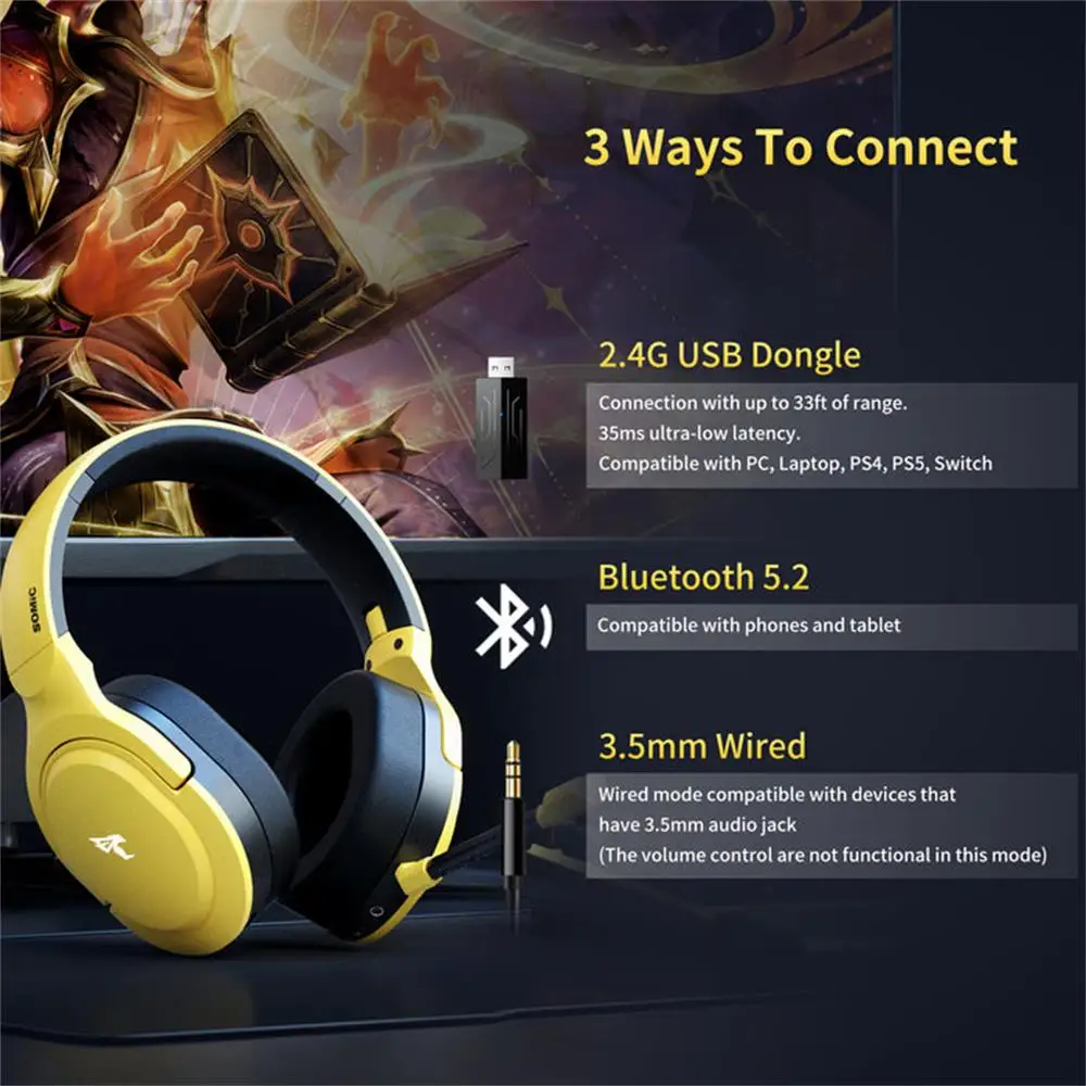 Auriculares inalámbricos para juegos para PS5, PS4, Mac, Switch, PC,  auriculares inalámbricos para juegos de 2.4 GHz, Bluetooth 5.2, micrófono