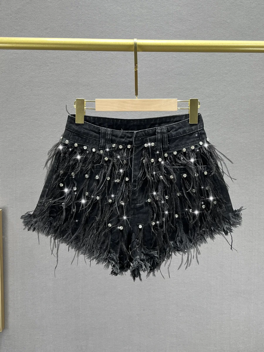 Exquisite Rhinestone Black Denim Shorts Women's Trendy 2024 New Summer High Waist Slimming Tassel Wide-Leg Trousers Hot Pants