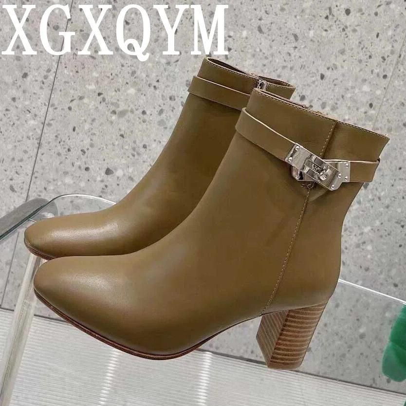 

2023 Newest Cowhide Classic Women Knight Boots Ankle Buckle Fashion High Heel Boots Solid Color Round Toe Spring Autumn Shoes