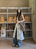 Romantic Holiday Casual Sle Long Lace Vest Belted Open Cardigan Set Women's Mid-Length Skirt with V-Ne And No-Sves