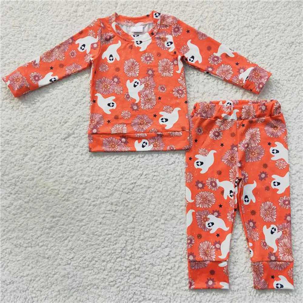 Abbigliamento Per Bambini All'Ingrosso Vendita Calda Halloween Floreale Arancione Pantaloni A Maniche Lunghe Vestito Neonate Vestiti Boutique Pigiama