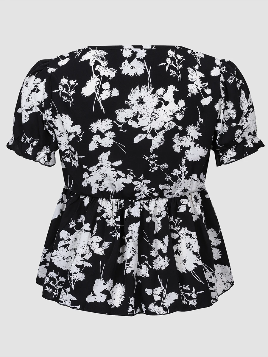 Finjani Plus Size Women's Clothing Ruched Puff Sleeve Tee V-neck Black And White Print Short-sleeved Top