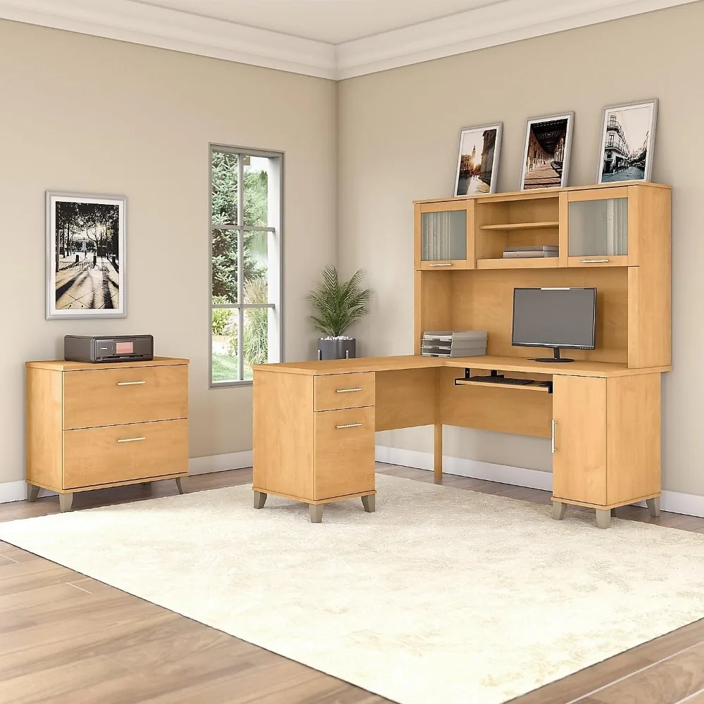 L Shaped Desk with Storage Corner Computer Table for Home Office, 60W, Maple Cross,Office Desk
