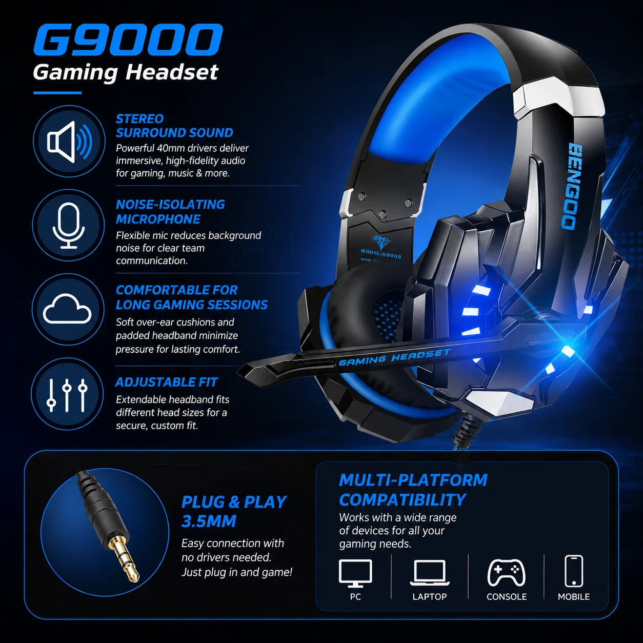 Enhanced Wired Gaming Headset with Mic and Blue LED Stereo Over-Ear Headphones