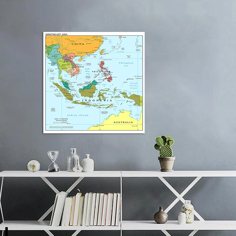 90*90cm The Southeast Asia Map In English Non-woven Canvas Painting Unframed Poster Home Decoration School Classroom Supplies