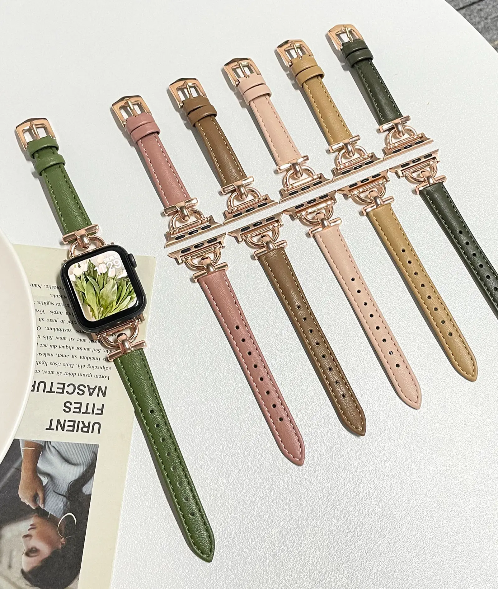 

Genuine Leather Slim Watchband For Apple Watch Band 41MM 45MM 40mm 44mm 38mm 42mm Series 8 7 SE 6 5 4 3 Woman Correa Wrist Strap