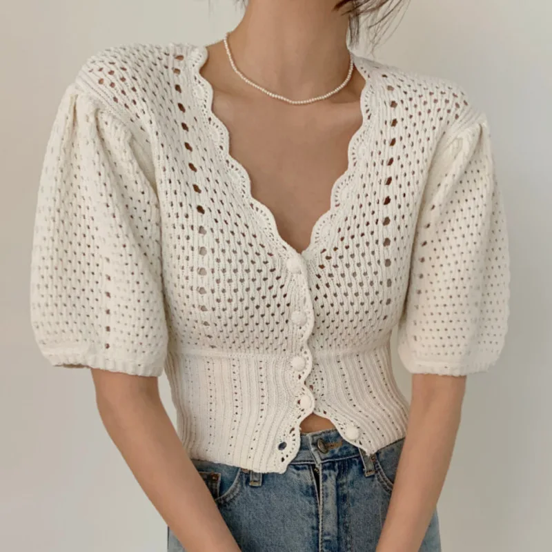 

Puff Sleeve Hollow Crochet Flower Cardigan Women's Elegant V-neck Slim Knitted Crop Top 2023 Summer Casual Knit Sweater Sweater