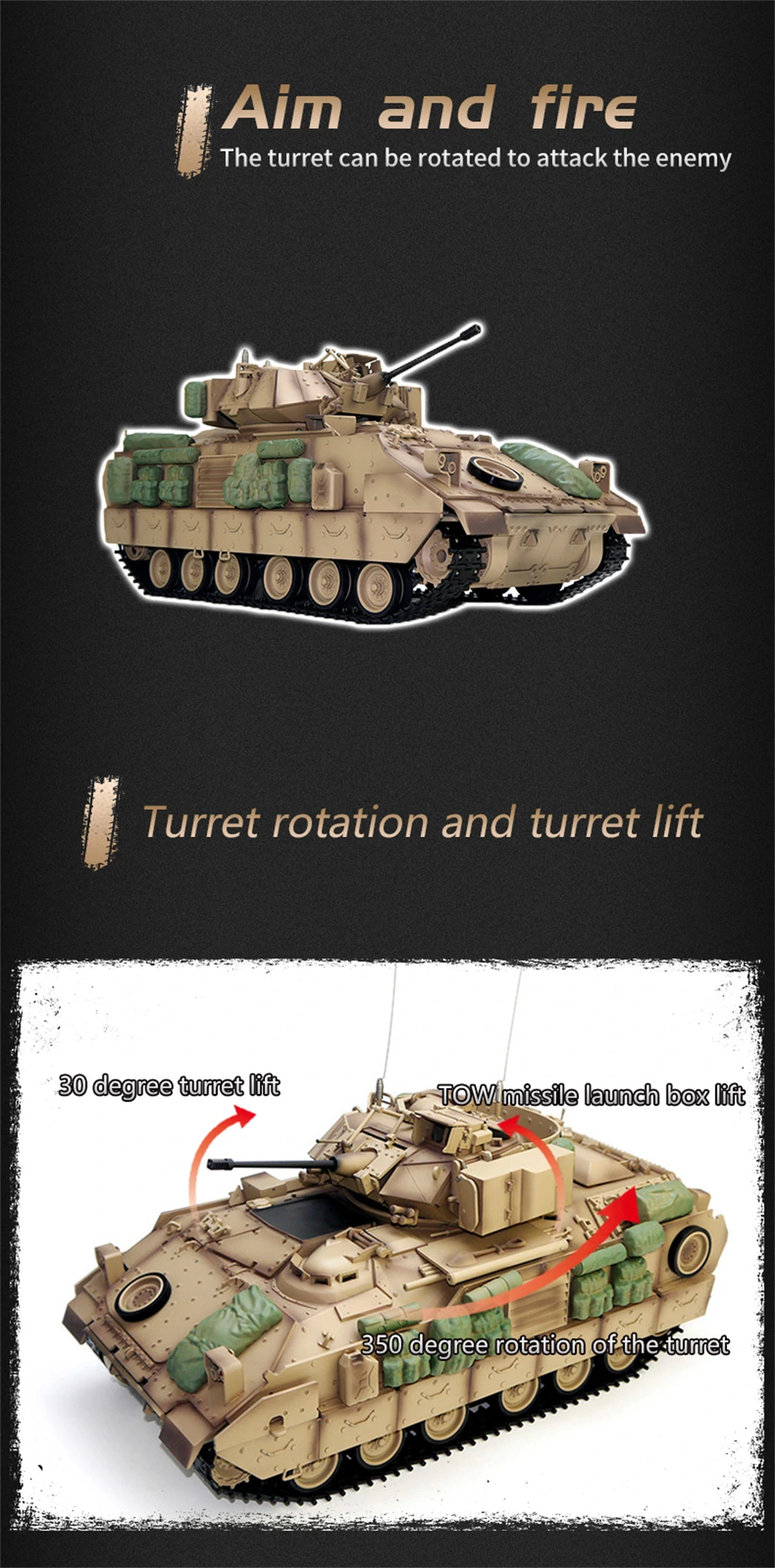 COOLBANK Model Bladeli M2A2 1/16 2.4G RC Main Battle Tank Smoke Sound Recoil Shooting LED Light Simulated Vehicles Models RTR Toys