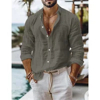 Chemise en lin pour hommes, chemise d'été, chemise à boutons en mélange de coton et de lin, chemise décontractée de vacances de couleur unie, bleu, blanc, noir, rose 5
