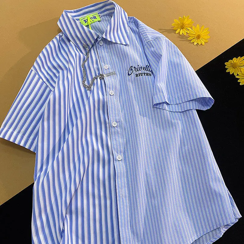 

2022 Summer Japanese Retro Hanging Chain Decoration Blue Striped Short Sleeve Shirt Men Women Loose Button Up Shirt Casual Shirt