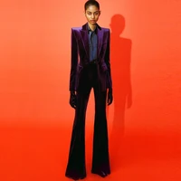 HIGH QUALITY Newest Fall Winter 2025 Designer Suit Set Women's Single Buttons Velvet Blazer Flare Pants Suit 1