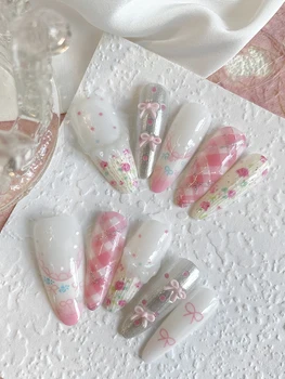 Handmade Pink 3D Bow Ice Cream Press On Nails, Long Almond Kawaii Plaid Floral Fake Nails, Sweet Coquette Reusable Glue On Nail