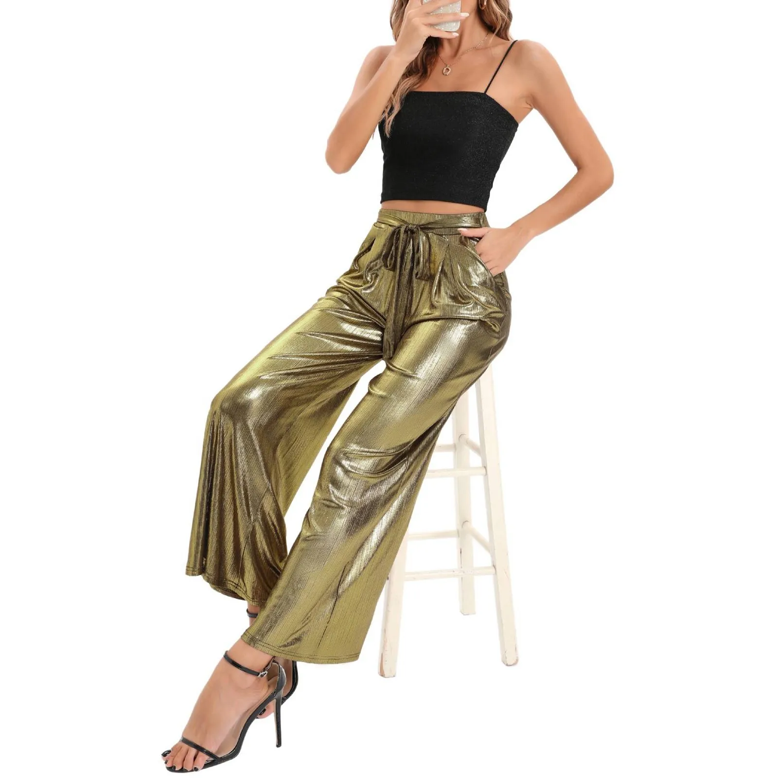 

Women's Shiny Pants Wide Leg High Waist Straight Loose Casual Pants Jogging Dance Pants Stage Nightclub Korean Fashion Pants