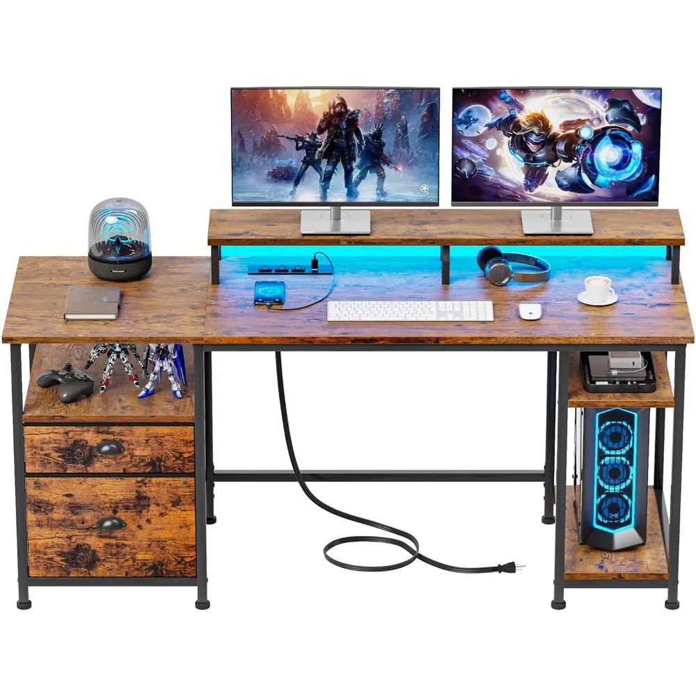 

61" Computer, Writing Study Desk with Fabric File Cabinet and Long Monitor Stand, Gaming Desk for Home Office