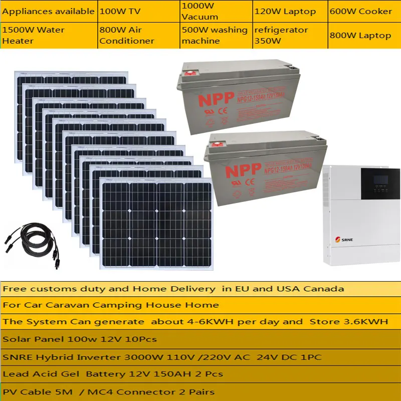 Solar Panel Kit Complete 3KW 3000W 110V 220V Panneau Solaire 1000W