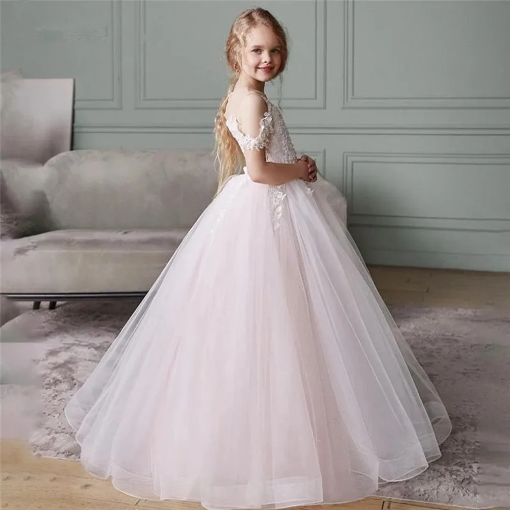 

Flower Girl Dresses Lightpink For Wedding Applique Lace Sheer Short Sleeves Little Princess Cute First Communion Kids Gifts