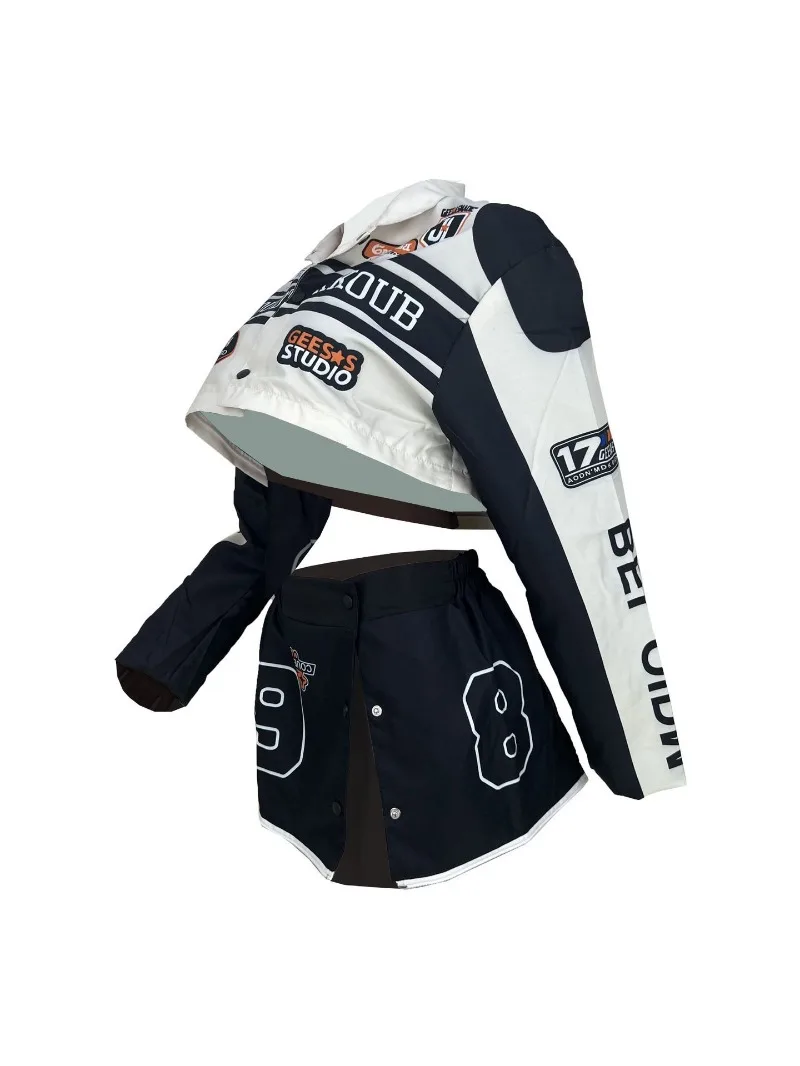 Description Picture 5 of itemWomen Motorcycle Jacket Two Ways To Wear Street Y2K Clothes Print Vintage Dismountable Autumn Winter Coats 2 Piece Set