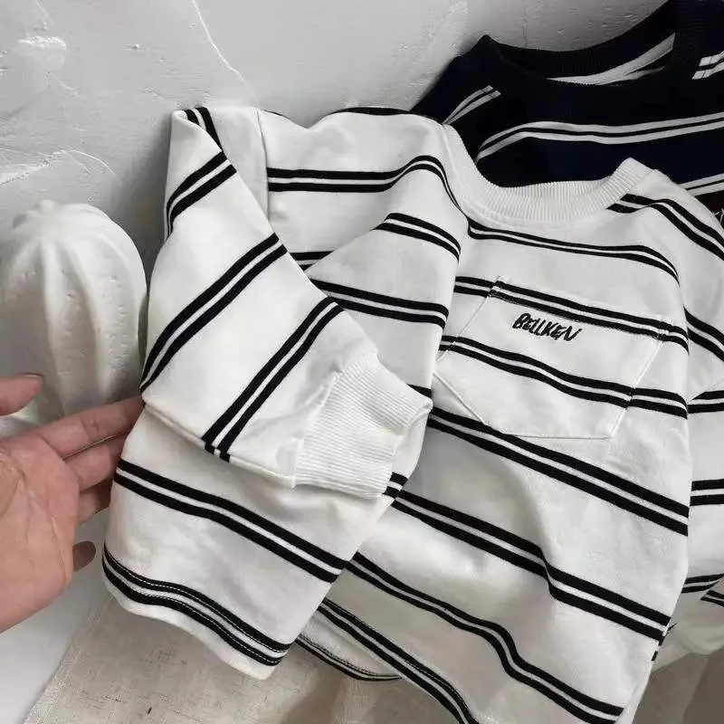 Boys and Girls Cotton T shirt Spring and Autumn Simple Stripe Embroidery T shirt children t shirt