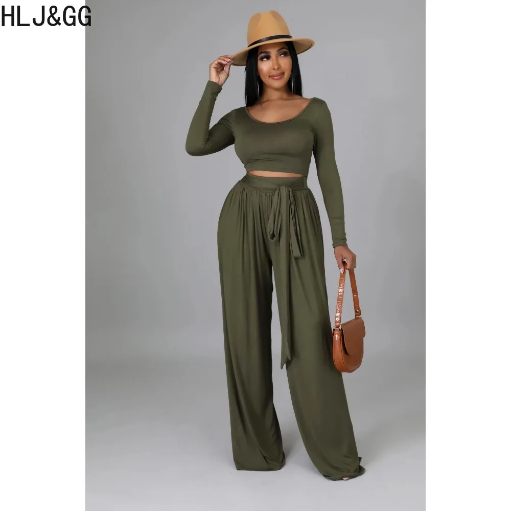 HLJ&GG Casual Solid Color Wide Leg Pants Two Piece Sets Women Round Neck Long Sleeve Bandage Crop Top And Pants Outfits 2023 New
