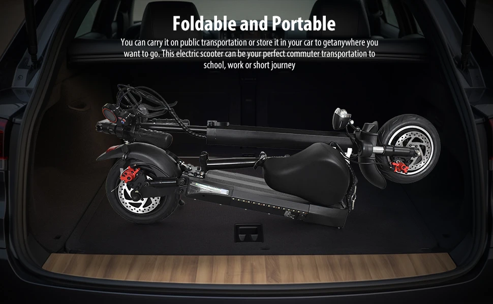 A powerful electric scooter in the trunk of a car.