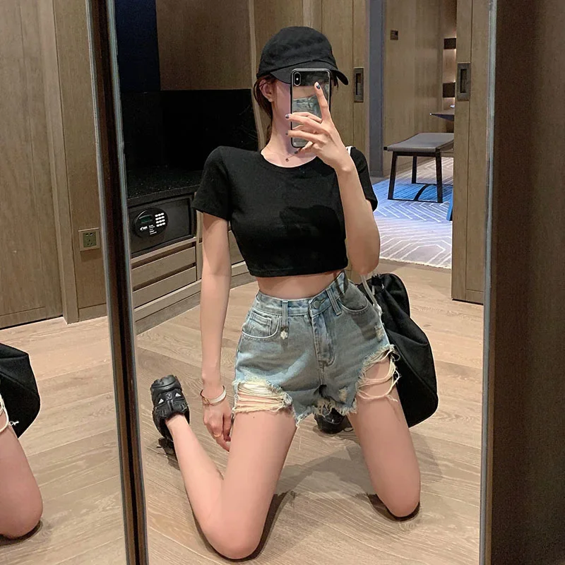 2024 summer Women Vintage High Waist Jeans Shorts Sexy Ripped All-match Hot Shorts Blue Beach Micro Mini Y2k Girls Denim Shorts