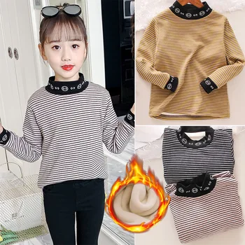 2023 한국 가을 겨울 어린이 따뜻한 면 상의, 줄무늬 겨울 옷, 초등 소녀 풀오버 스웨터, 의류 탑