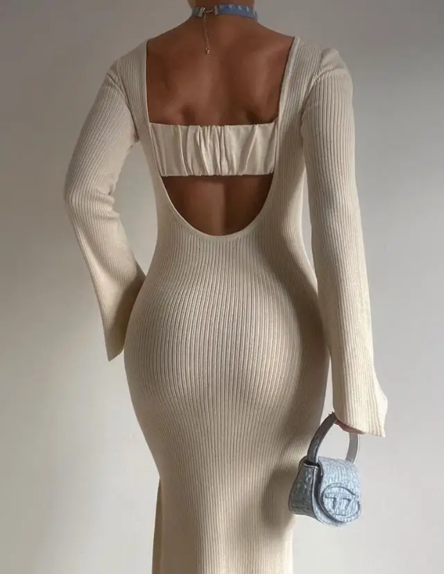 

Sexy Women's Dress 2023 Solid Color Hollow Round Neck Backless Long Sleeve Dress Elegant Long Dress Bell Sleeve Skinny Dress