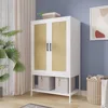 Wardrobe, Wardrobe Closet with 2 Doors, Rattan Bedroom Armoires with Hanging Rod Freestanding Wooden Wardrobe Cabinet With 1