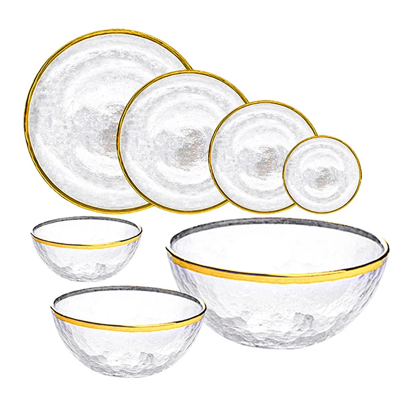1pc Handcrafted Phnom Penh Glass Tableware Transparent Leather Bowl Household Bowl Plate Plate Crystal Hammer Mesh