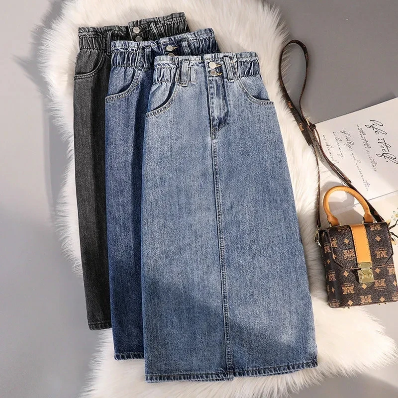 Large Size Split Denim Skirt Women's High Waist Over Knee Mid-Length Dresses For Women Skirt Ropa De Mujer Faldas Cosas Baratas women clothing simple all match loose 100 wool knitted dresses female casual solid fashion elegant over the knee dresses