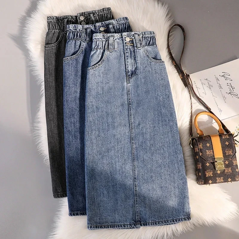 Large Size Split Denim Skirt Women's High Waist Over Knee Mid-Length Dresses For Women Skirt Ropa De Mujer Faldas Cosas Baratas vintage embroidered jeans shorts women s summer 2022 new high waist loose denim capris ripped hole knee length pants