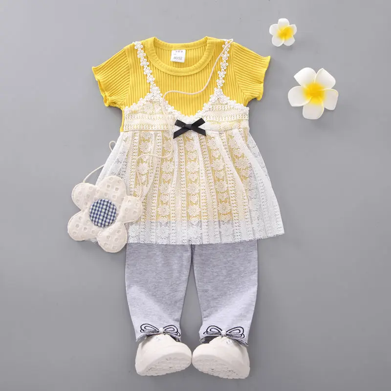 Girls' Clothes Summer Lace Patchwork Solid Color Crew Neck Pit Strip Short Sleeve Slip Dress Children's Fashion Two Piece Set