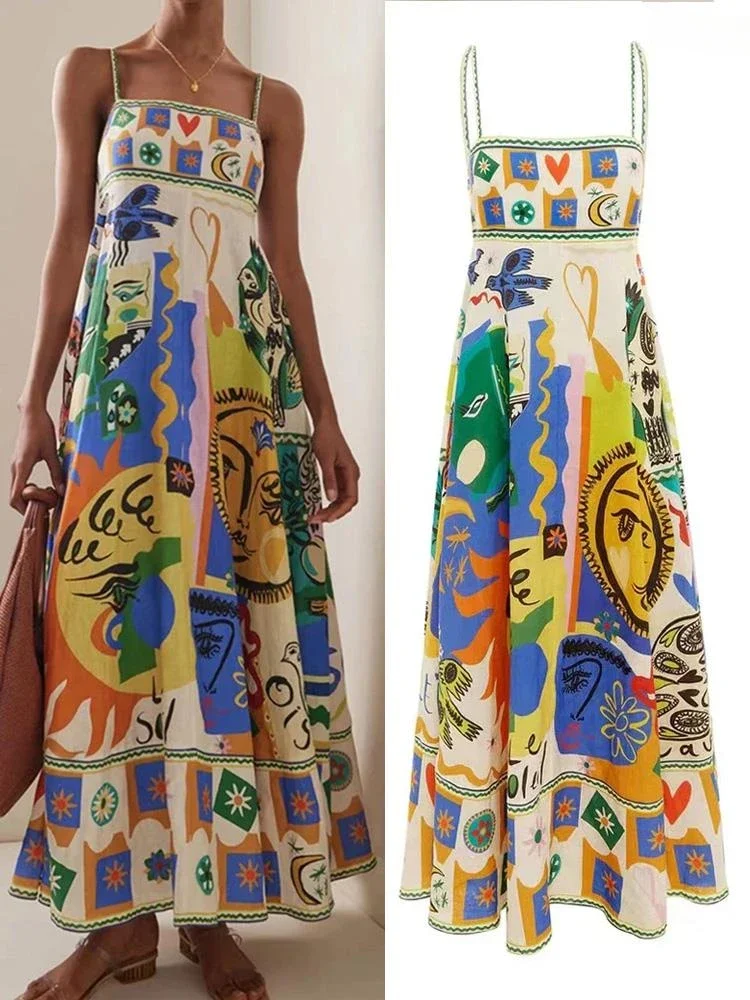 

2023 Elegant Print Colorful Long Maxi Dress Women Spaghetti Straps Slip Backless Sexy A-line Ladies Summer Beach Vacation Robe