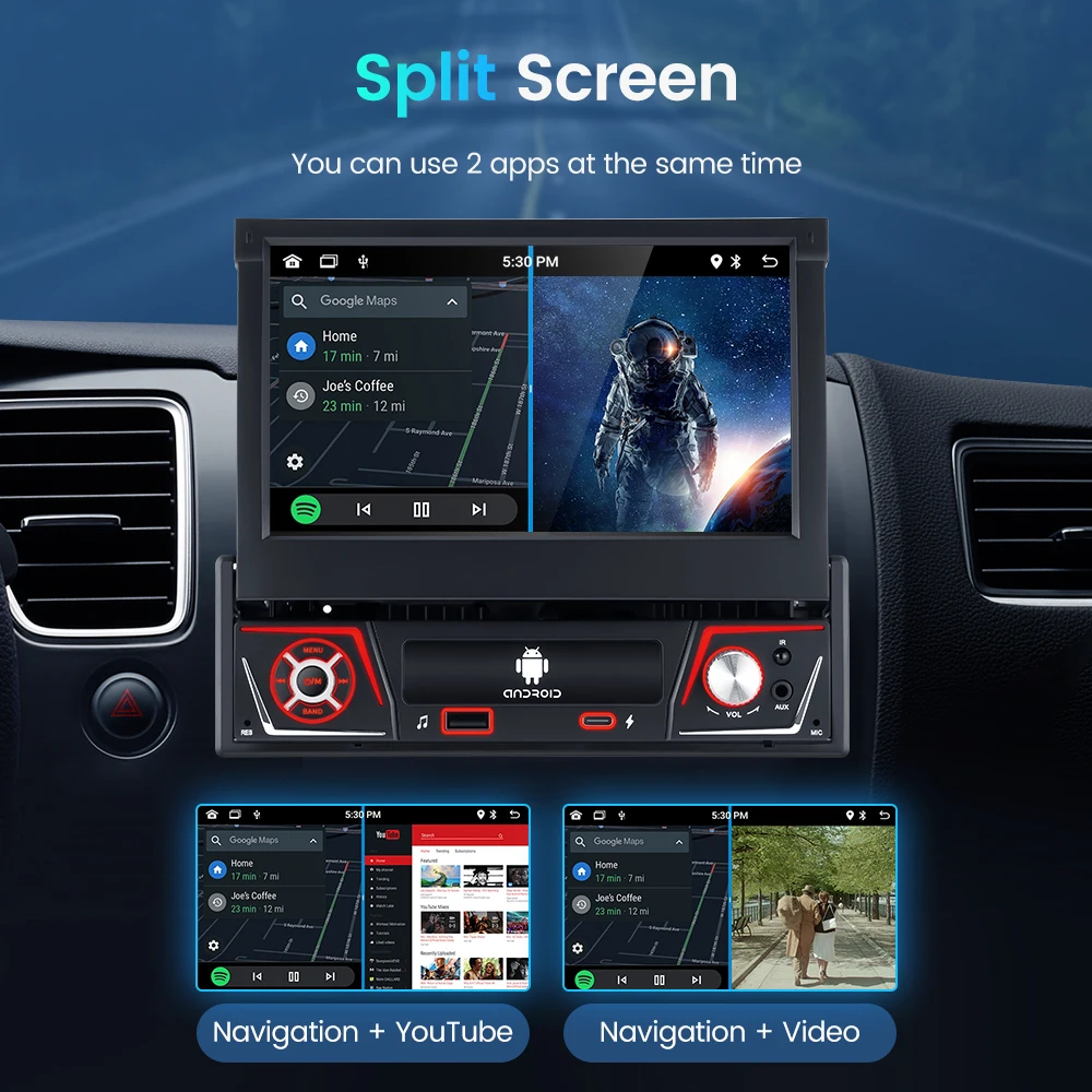 Radio para Auto GEARELEC 1 DIN, Android Carplay Universal, Pantalla Retráctil IPS de 7 Pulgadas, Navegación GPS, Reproductor Multimedia Android 14, Pantalla Carplay 8