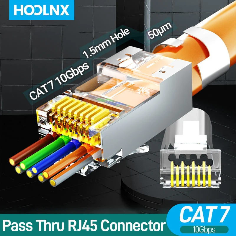 Hoolnx Banhado a Ouro Conectores de Passagem Blindados Modular Plug para Cabo Ftp Stp Cat6a 50u Cat7 Rj45 Cat6a 50u Pcs