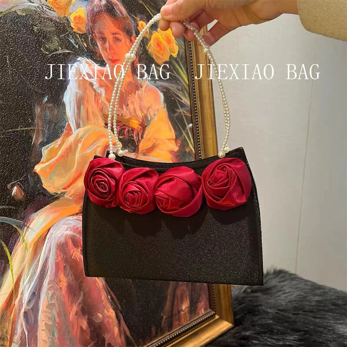 

Luxury Satin Floral Handmade Square Bag Pearl Beading Evening Bag Women Elegant Handbag Wedding Party Clutch Purse Crossbody Bag