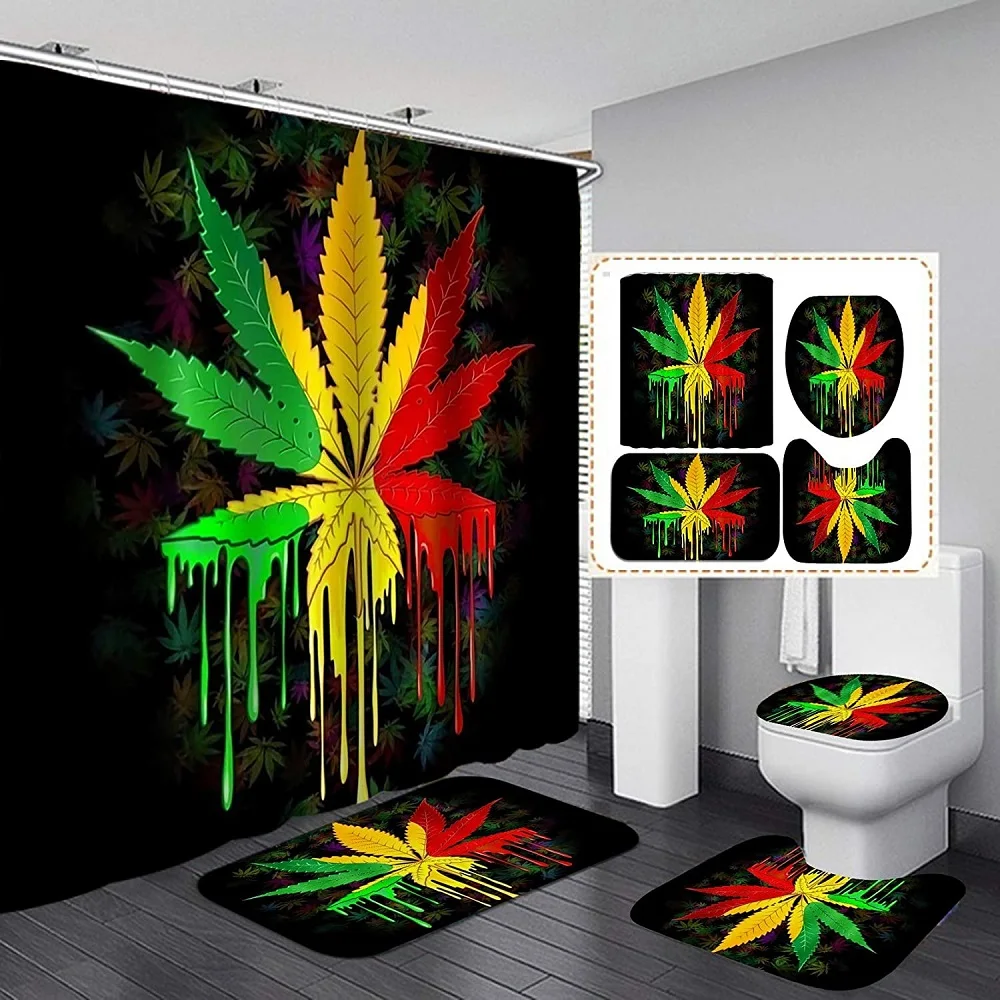 Marijuana Weed Leaf Shower Curtain Set Non-slip Rugs Toilet Lid Cover Bath Mat Jamaican Reggae Rasta Waterproof Bath Curtains