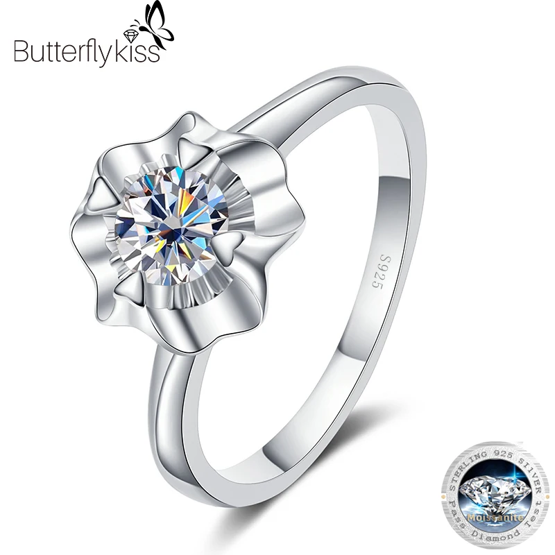 

Butterflykiss Moissanite Diamond Plum Blossom Ring 0.3CT/0.5CT Real 925 Sterling Silver For Women Fine Jewelry Engagement Gifts
