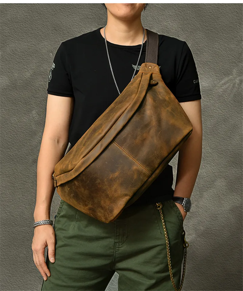 Simple vintage large capacity crazy horse cowhide men's chest bag natural real leather crossbody bag sports motorcycle bag teens