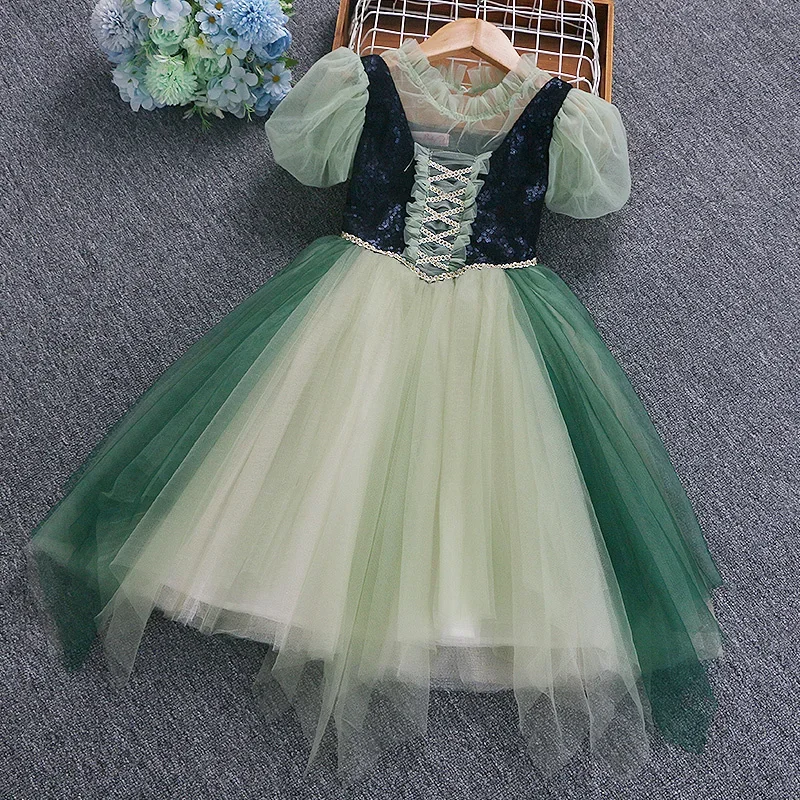 

Little Girl 2024 Summer Baby Clothes Dress Female Children Mesh Puff Sleeve Dress Long Anna Cosplay Green Dresses 2 to 10 Years