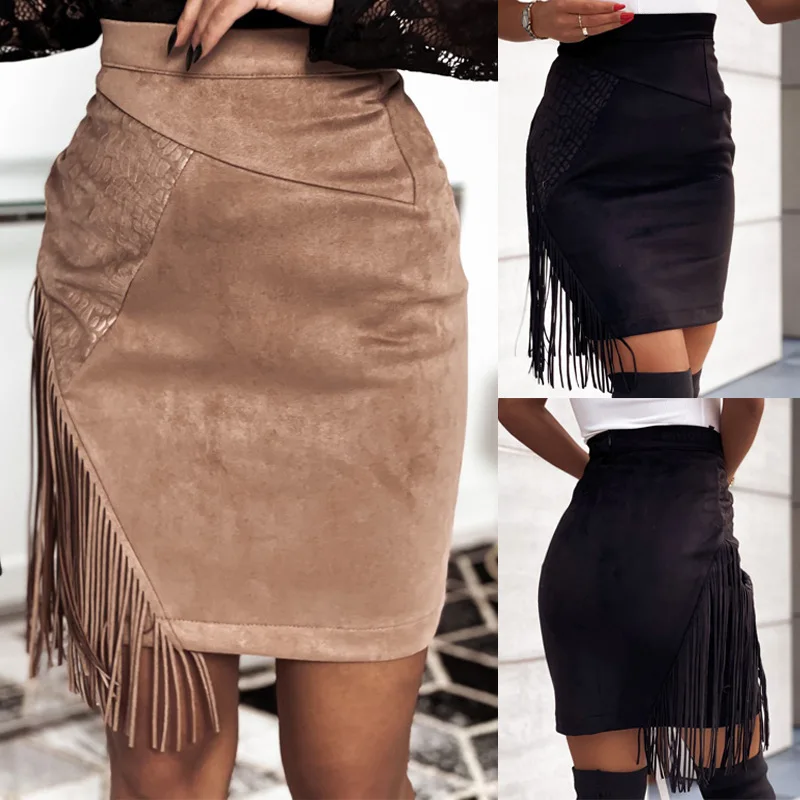 

Women's Fringe Leather Skirt Bustier Skirt Deerskin Velvet Splicing Irregular High-waisted Sexy Package Hip Skirt Short Skirt