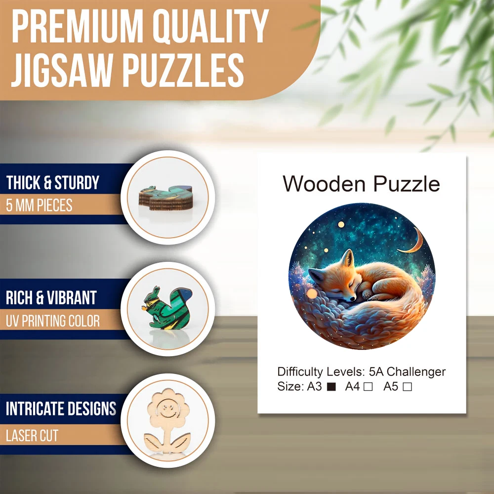 Sleeping Fox Round Wooden Puzzle Art, Uniquely Animal Shaped Pieces Wooden Toy, Christmas Gift Home Decor Family Game 3
