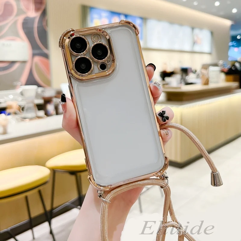 Elegant Crossbody Lanyard Plating Case - Silicone Soft TPU Clear Back Cover