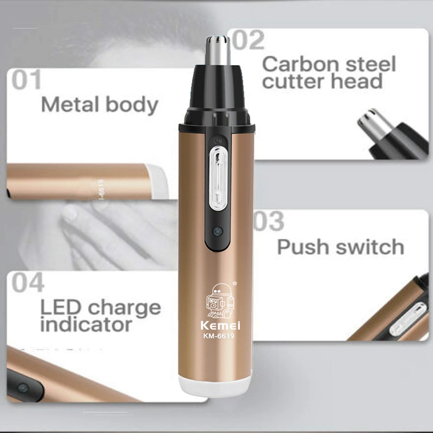 Kemei KM-6619 Nose Hair Cleaner Modern Design Portable Safety Rechargeable Personal Nose Ear Hair Removal Trimmer Home Travel 3