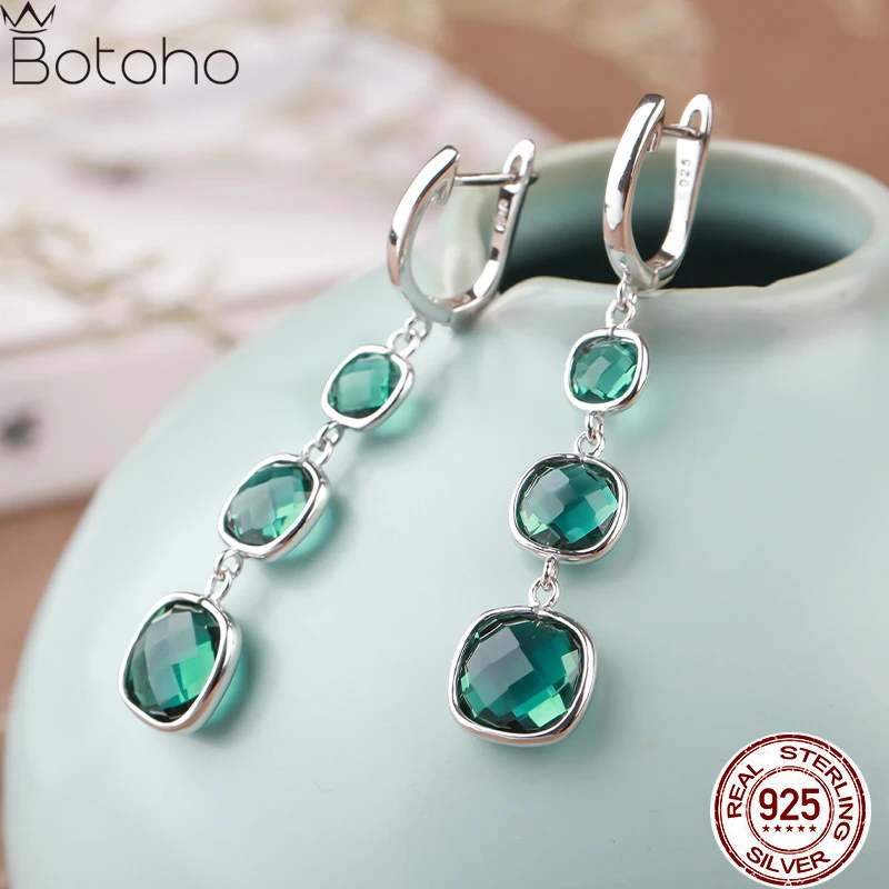 

Real S925 Sterling Silver Square Green Crystal Stud Earrings For Women Simple Trend Earring Fine Jewelry Valentine Day Gifts