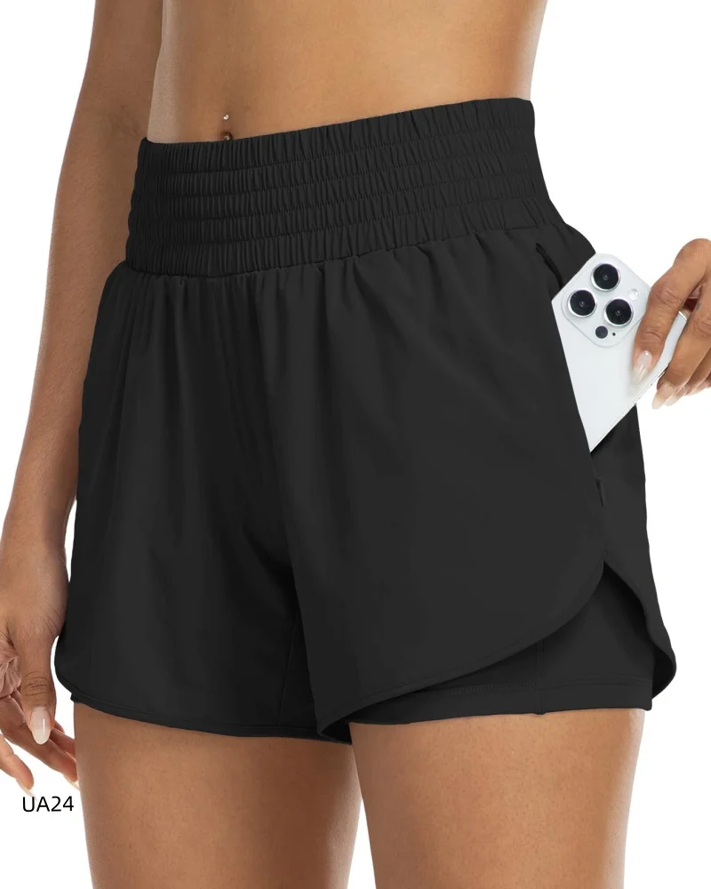 Women's High-Waisted 2-in-1 Athletic Shorts with Elastic Waist And Zipper Pocket Slim Fit for Gym Yoga Running Workout