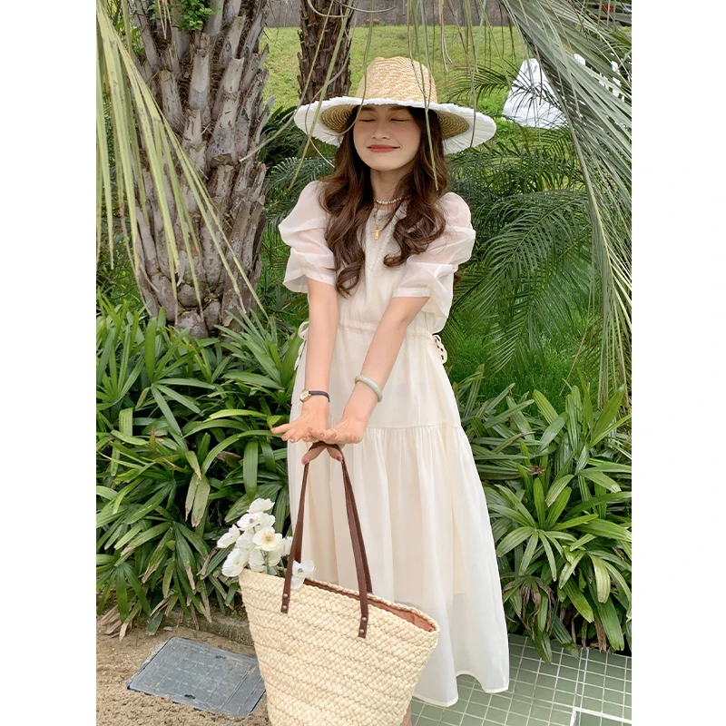 

2023 New Summer Dressed Girl French Chinese Bellflower First Love Mori Series Drawstring Waist Retraction Free Shipping