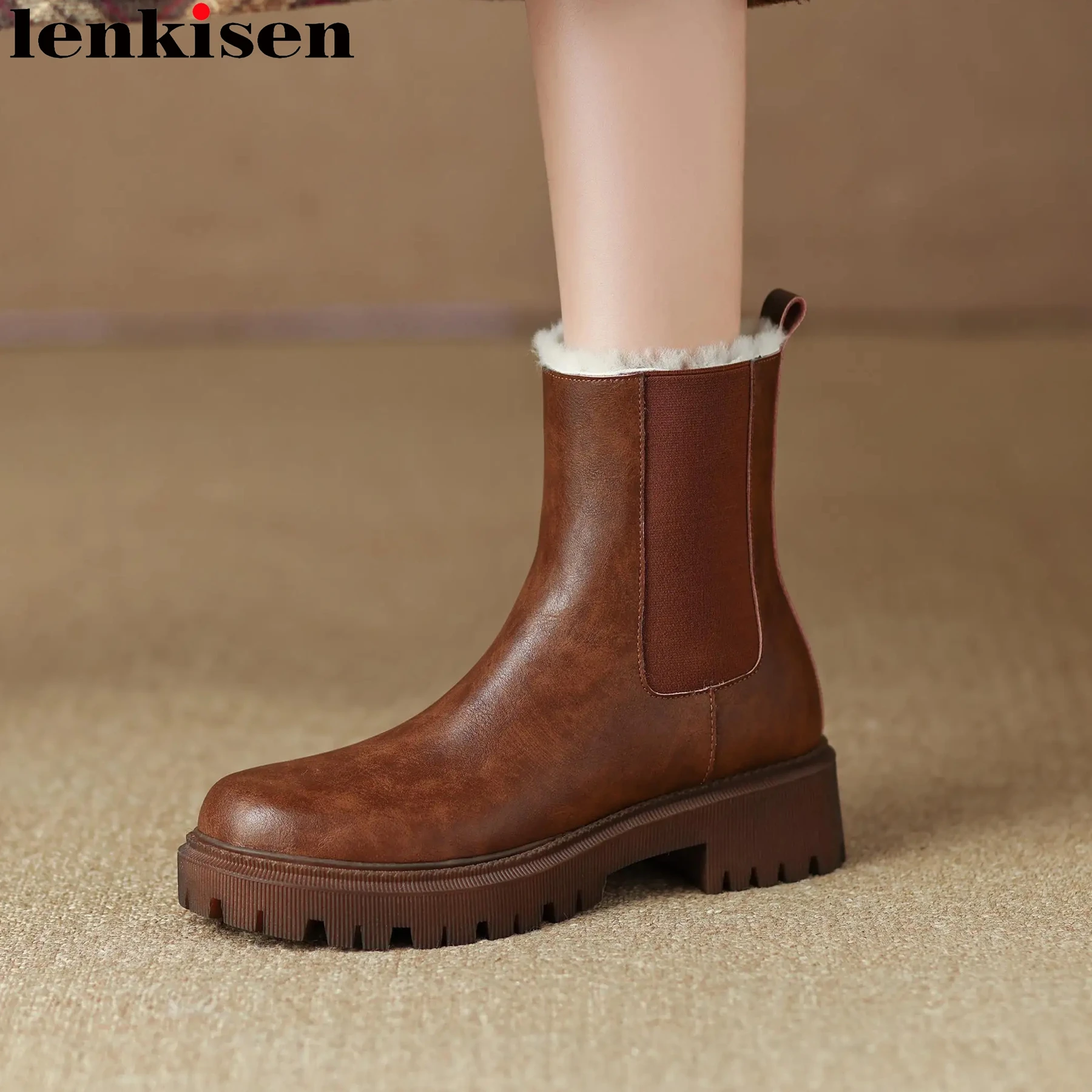 

Lenkisen Cold Resistance Wool Genuine Leather Round Toe Med Heels Snow Boots Vintage Fur Causal Slip On Dress Winter Ankle Boots