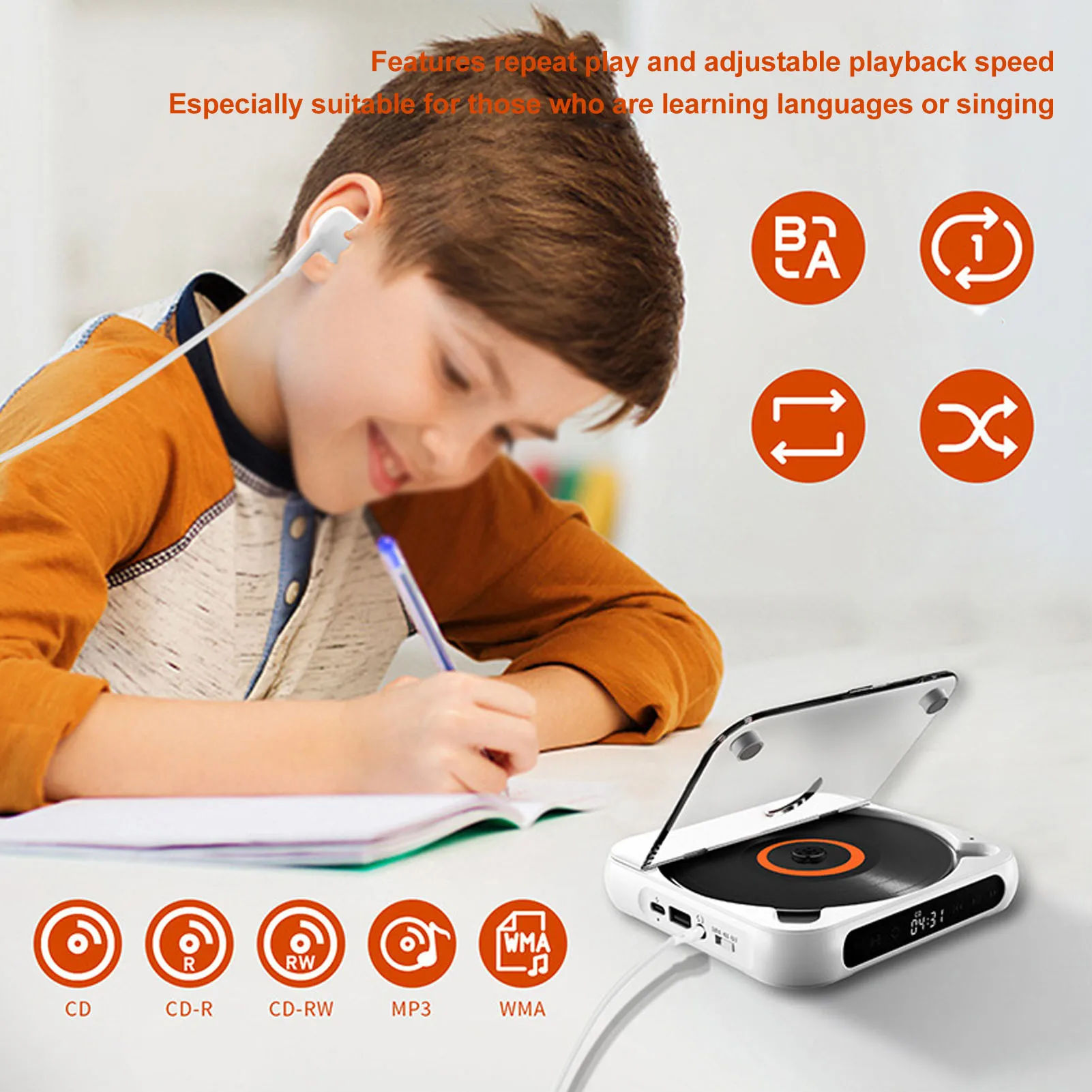 Portable CD Player Portable CD Music Player Bluetooth Lightweight 1200mAh Rechargeable for Car Laptop